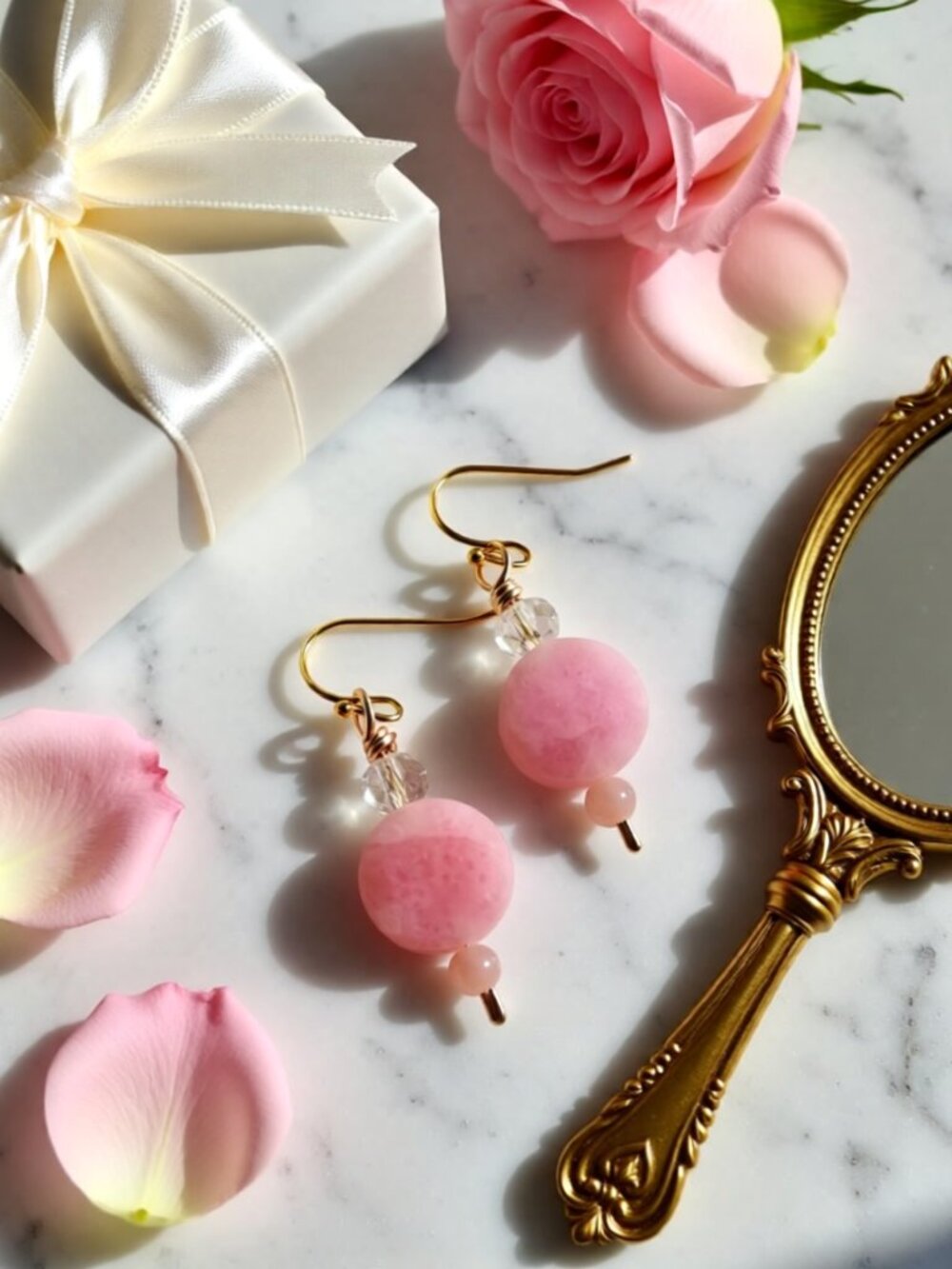Pink Stone & Crystals - Beautiful & Feminine Beaded Dangle Earrings! Handmade!